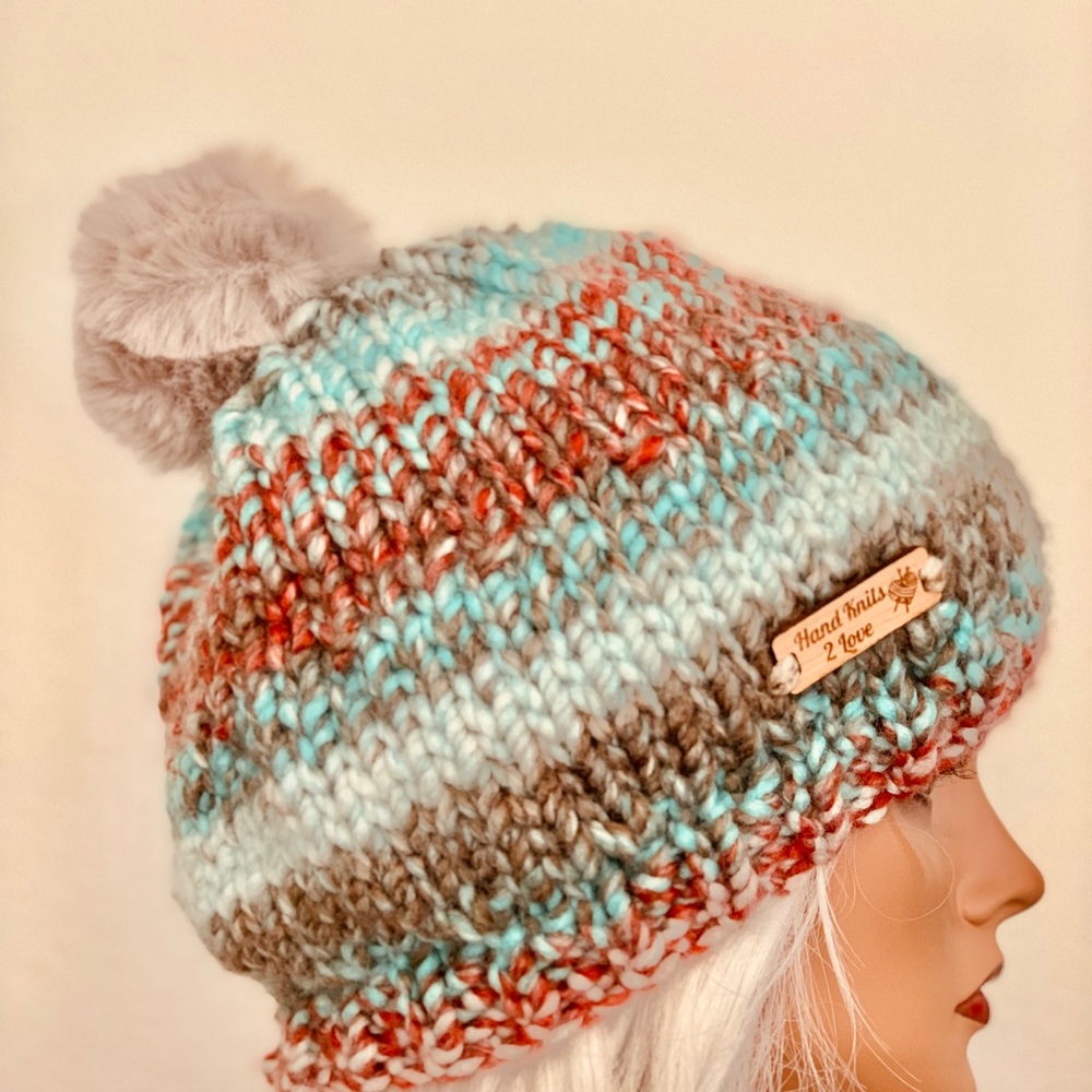 Hand Knits 2 Love Beanie Hat Slouch Fur Pom Pom